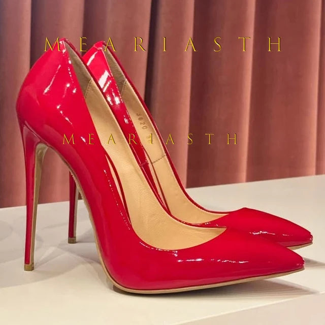 Red Patent Leather Pointed Toe Medium Heel Pumps for Women