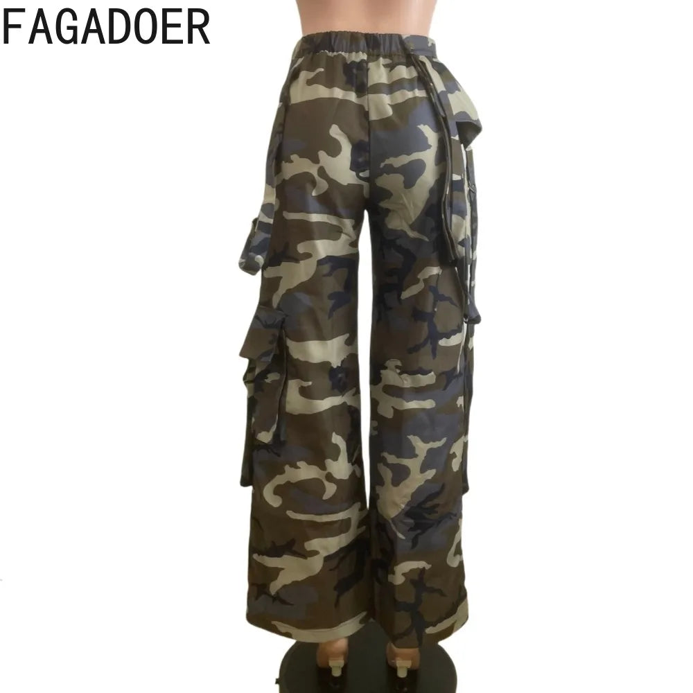 FAGADOER Fashion Camouflage Loose Pants Women High Waist Cargo Pocket Patchwork Pants Female Y2K Streetwear Bottoms 2025 New