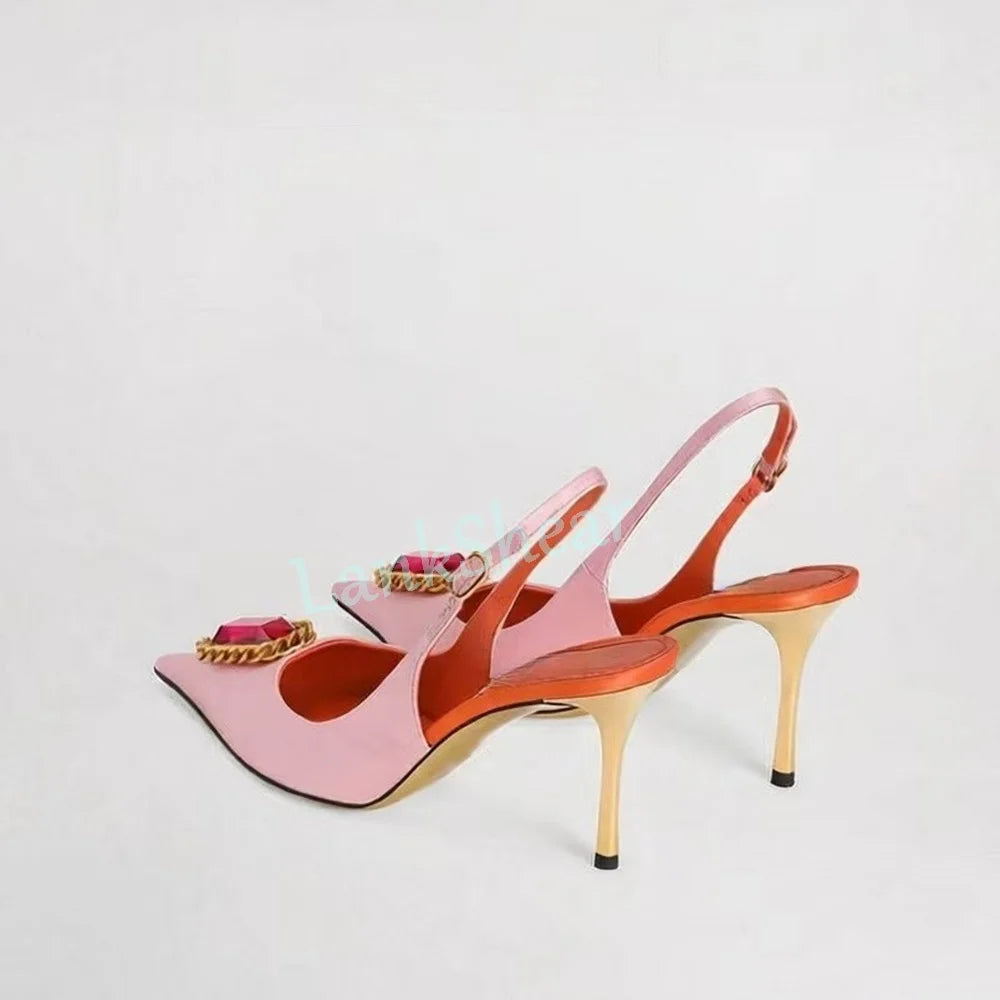 Crystal Embellished Pointed Toe Satin Sandals for Women
