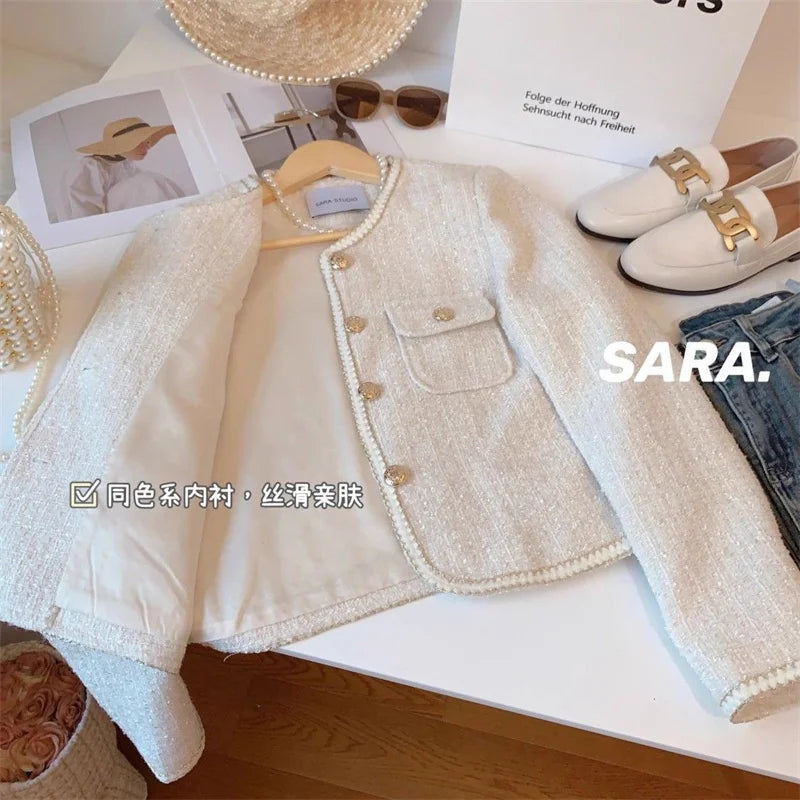 High-End Warm Down Cotton Jacket With Fragrance Tweed Woven Quilted Woolen Suit For Women Autumn Winter 2024 O-Neck Short Top