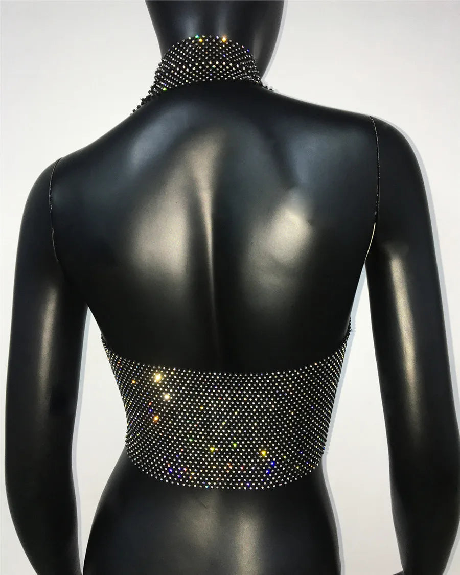 Rhinestone Fishnet Backless Halter Crop Top for Women