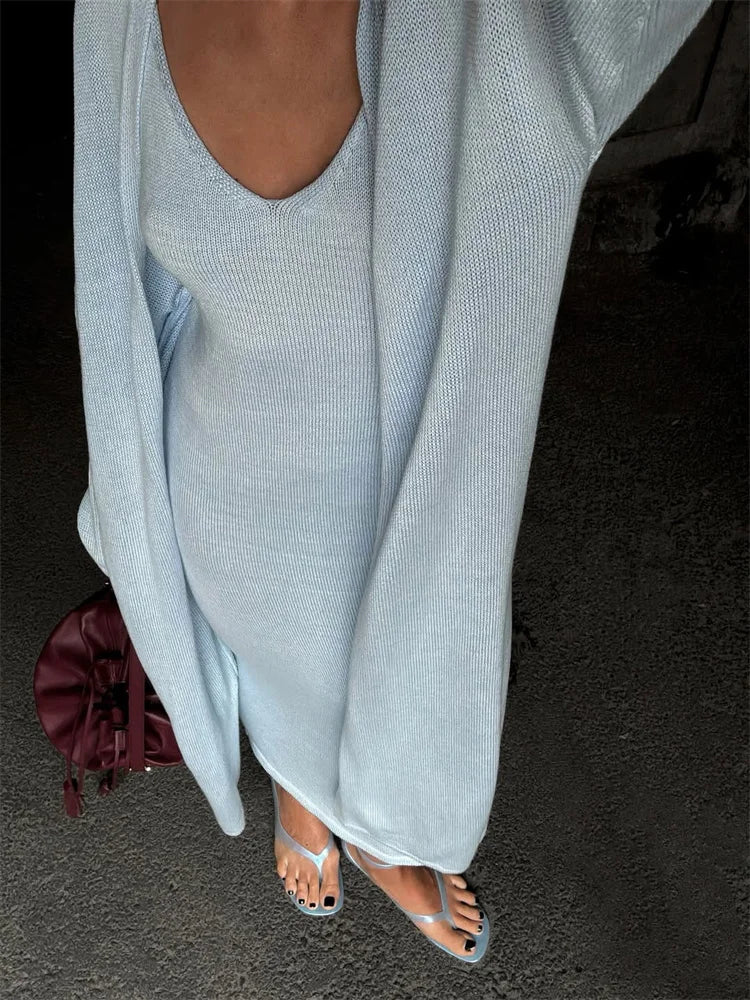 V-Neck Ribbed Knit Maxi Dress Set
