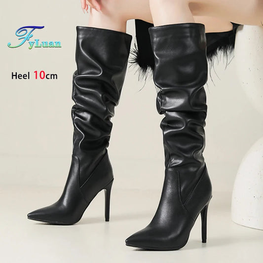 Pleated Stiletto Pointed Toe Boots