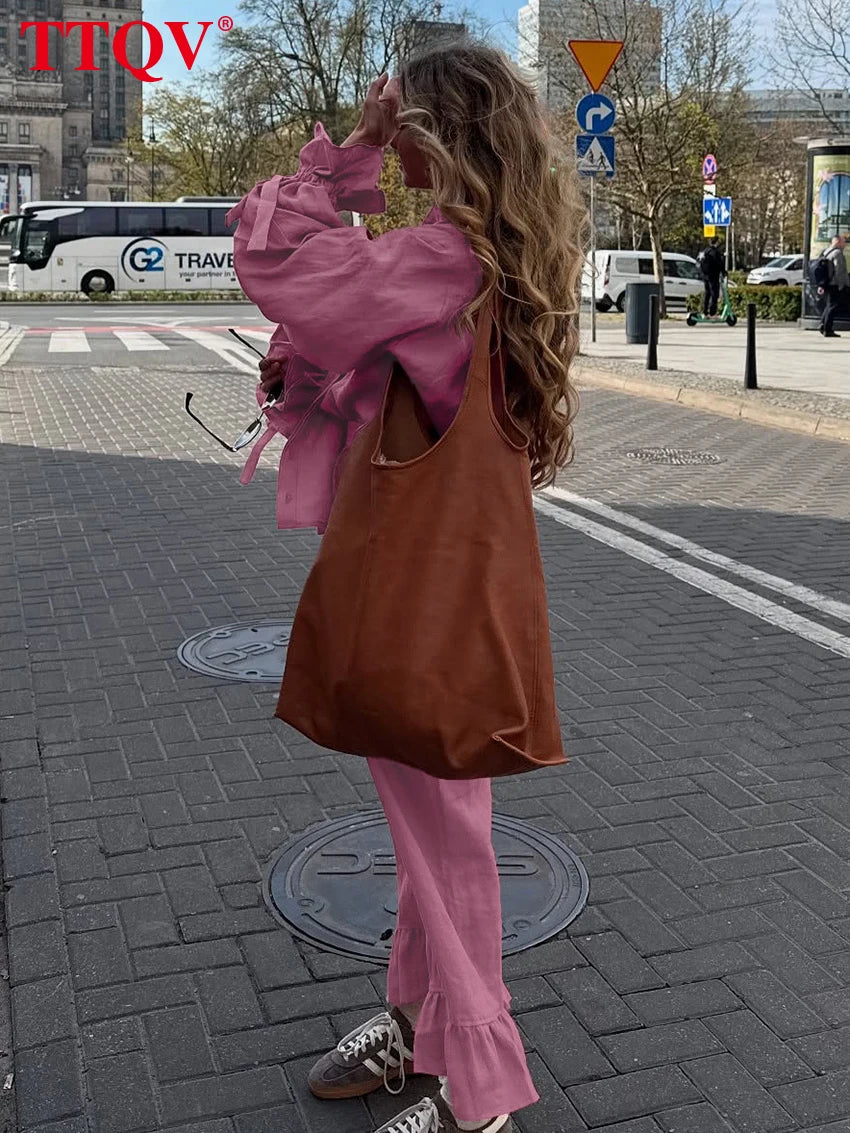 Loose Pink Cotton Shirt and Wide Leg Pants Set for Women