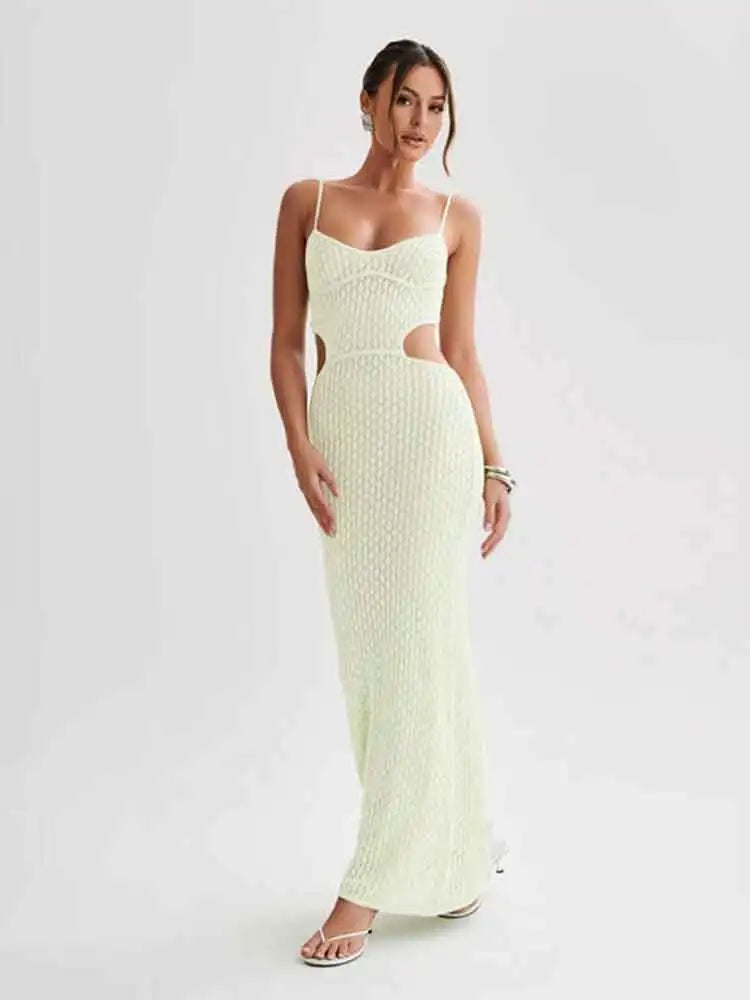 2024 Sexy See-through V Neck Cut Out Knit Beach Maxi Dress Summer Women's Holiday Elegant Outfit Swimsuit Cover Up Tunic A3094