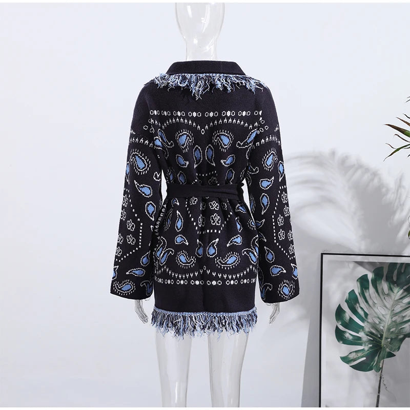 Vintage Patchwork Lace Up Long Sleeve Cardigan For Women