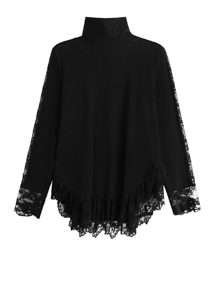 [EAM] Women Black Side Lace Spliced Big Size Elegant T-shirt New Turtleneck Long Sleeve Fashion Tide Spring Autumn 2025 1DJ2588