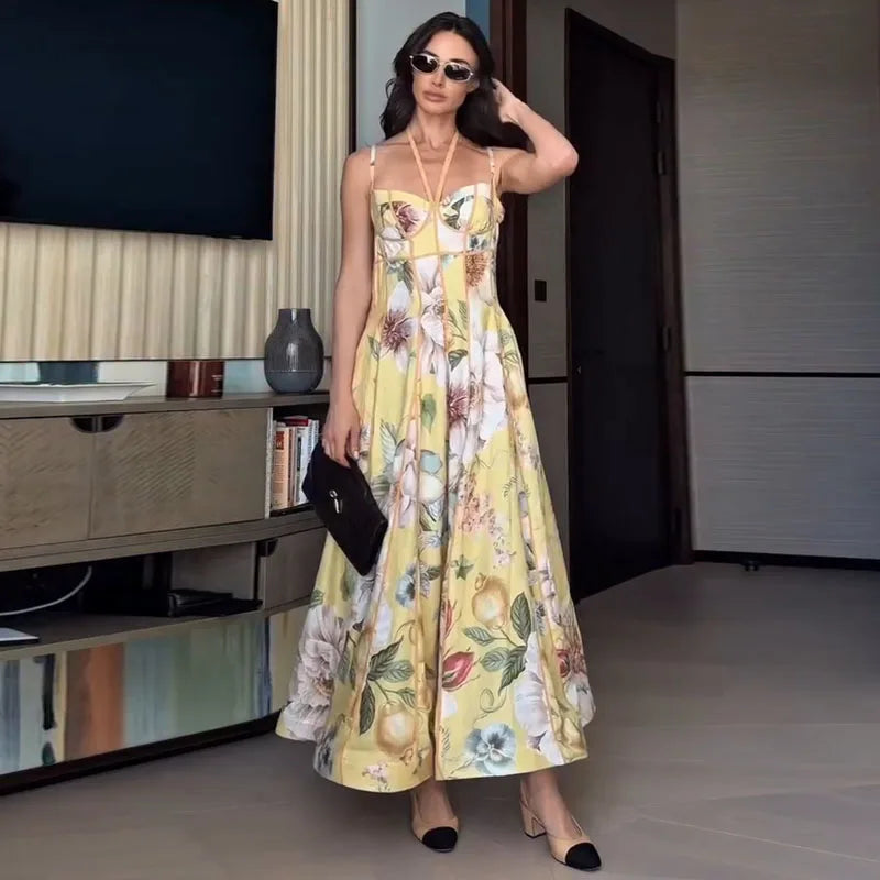 Sweetheart Neckline Floral Print Linen Blend Maxi Dress For Women