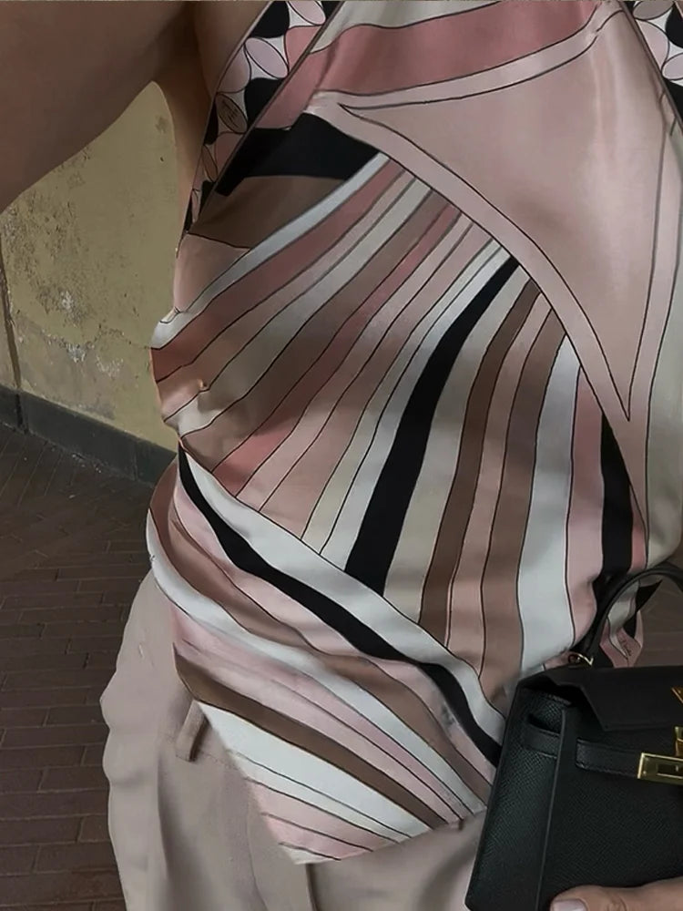 Geometric Print Top pant suits Women two pieces set round neck long sleeve Blouse loose pant Vacation Beach vacation pant outfit