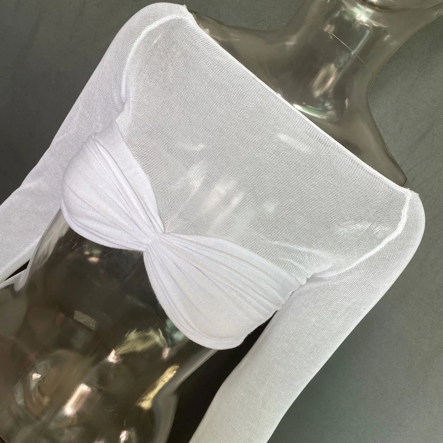 Cryptographic Elegant Front Ruched Cropped Top for Women Fashion Long Sleeve Off Shoulder Sexy Backless Sheer Knit Mini Top Slim