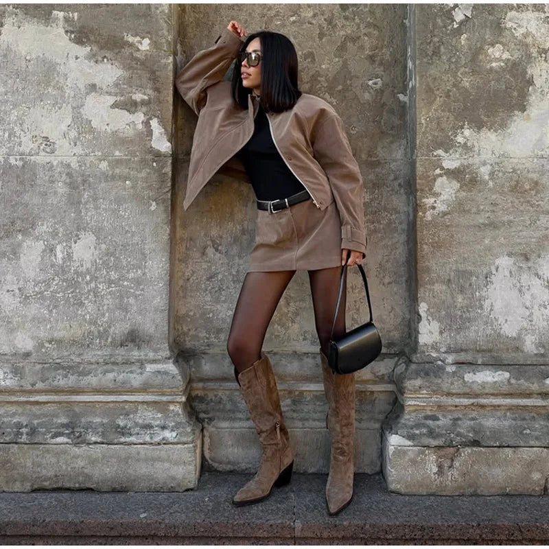 Vintage Suede Jacket and Mini Skirt Two Piece Set for Women