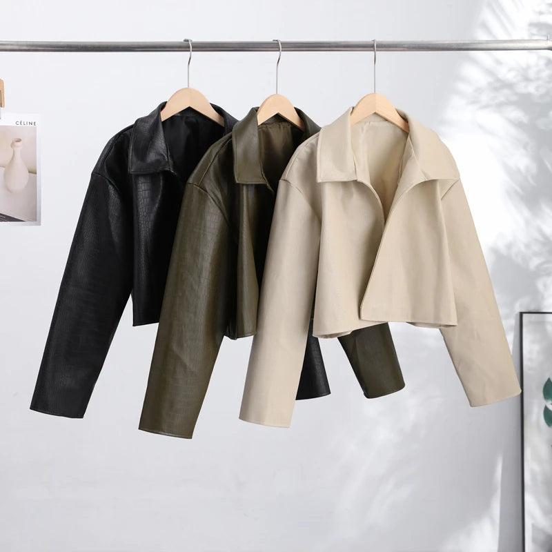 Retro Snake Print Faux Leather Cropped Jacket for Women