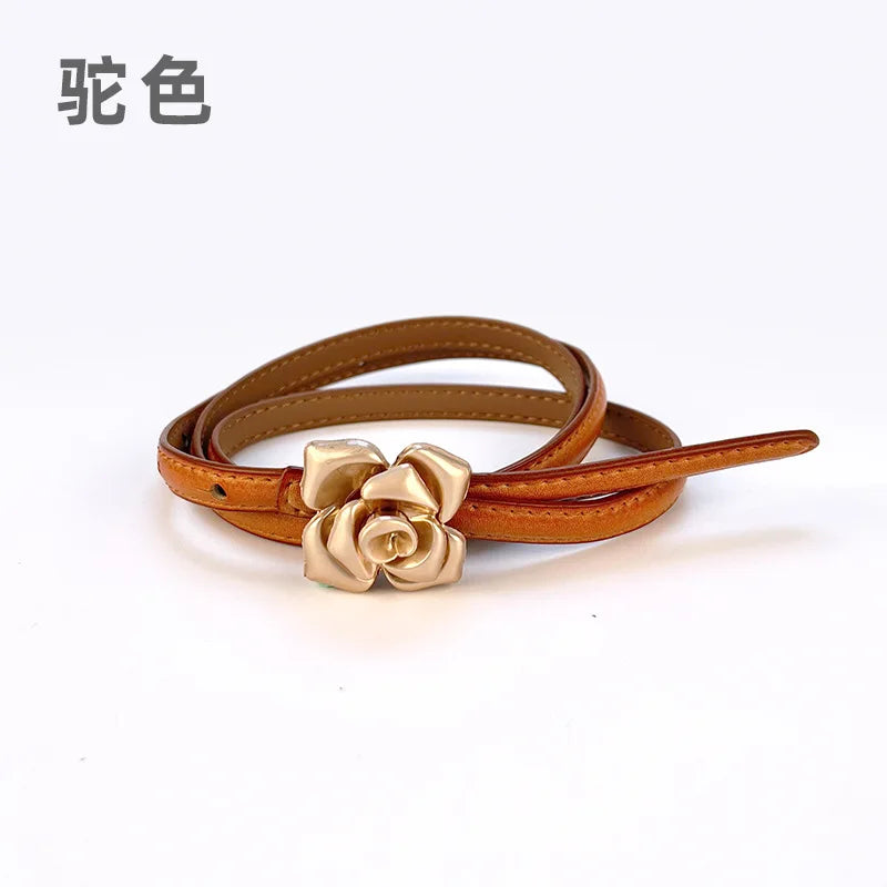 Double Sided Metal Flower Buckle Thin Belt for Women