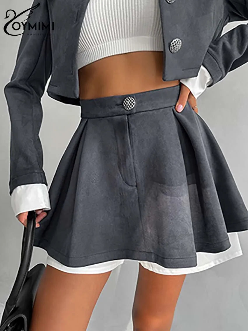 Oymimi Elegant Grey Patchwork Women 2 Piece Set Outfit Fashion Long Sleeve Pockets Button Crop Shirts And Pleated Mini Skirts