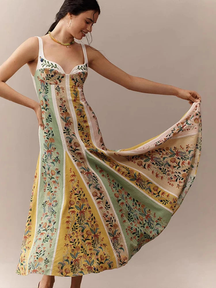 Sweetheart Neckline Floral Print Linen Blend Maxi Dress For Women