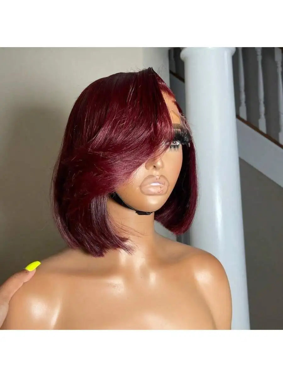 Elegant Burgundy Straight Lace Front Human Hair Bob Wig for Women