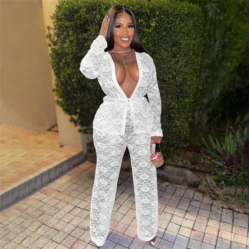 Sexy Lace Sheer Open Stitch Two Piece Set for Women