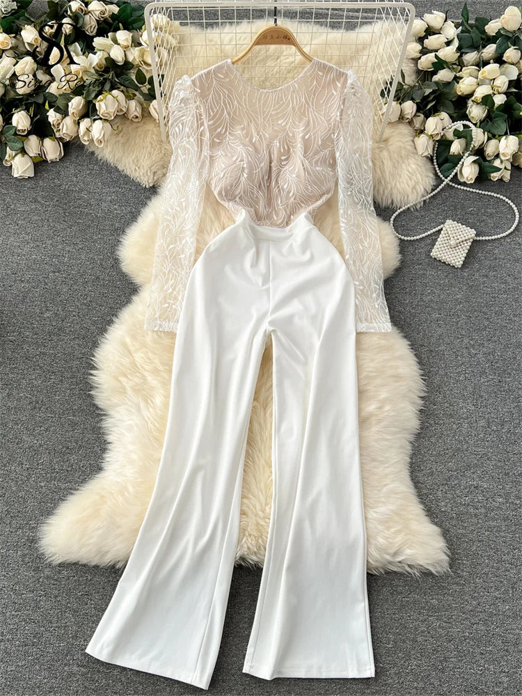 Embroidered Long Sleeve Backless Jumpsuit for Women