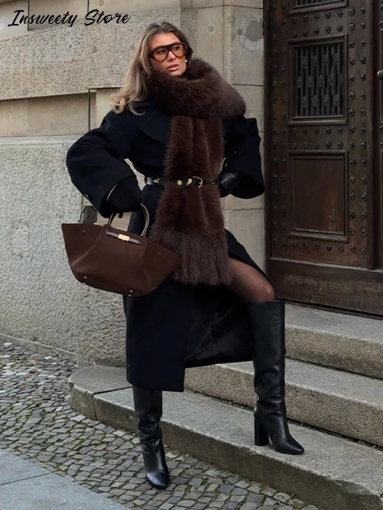 Long Thick Plush Faux Fur Scarf With Fringe for Women