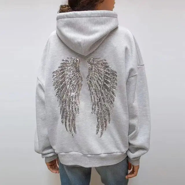 Wing Print Rhinestone Long Sleeve Pullover Hoodie for Women