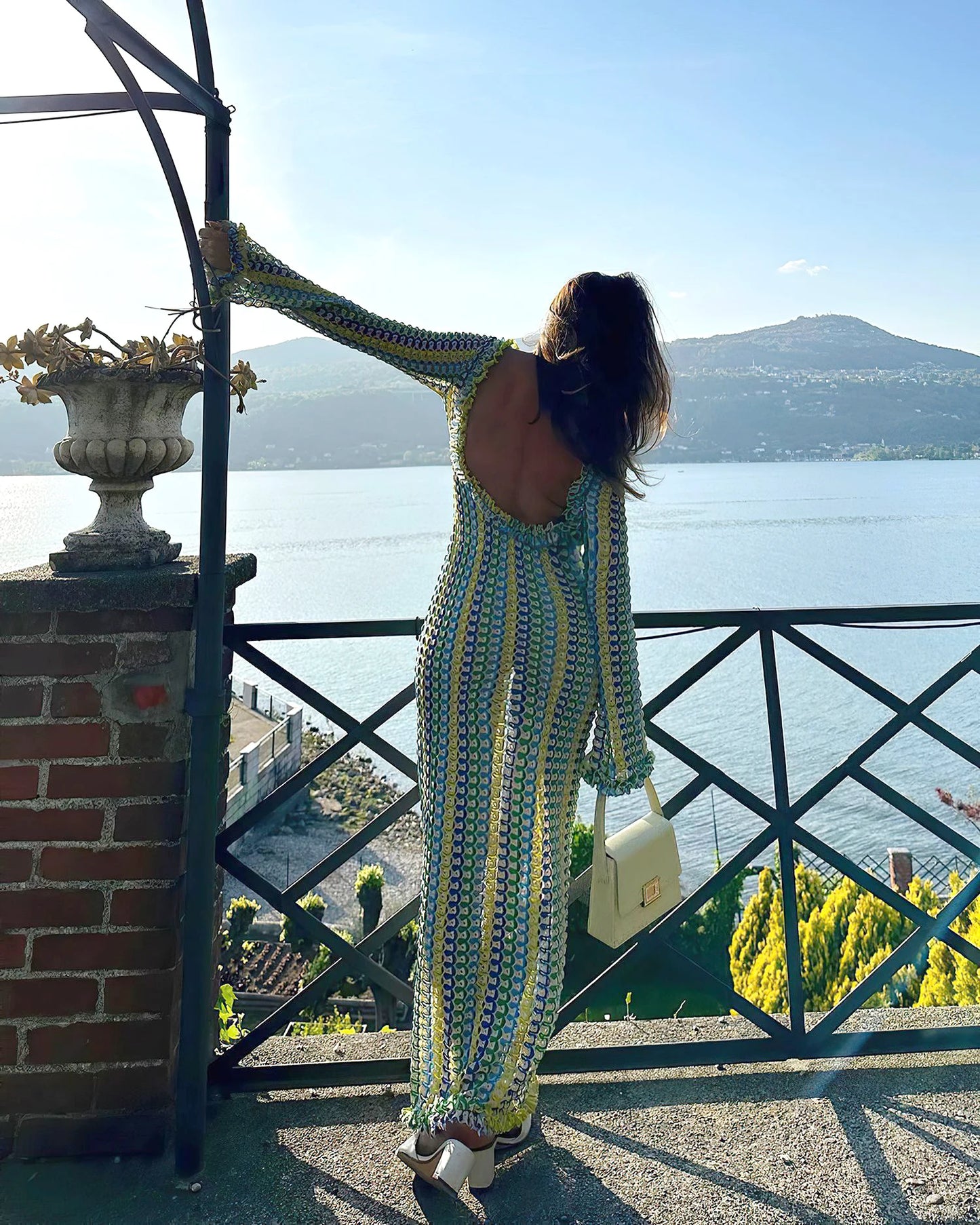 Sexy Backless Flare Sleeve Lace Knit Cut Out Party Beach Maxi Dress 2025 Summer Women Vacation Beachwear Swimsuit Cover Up A2815