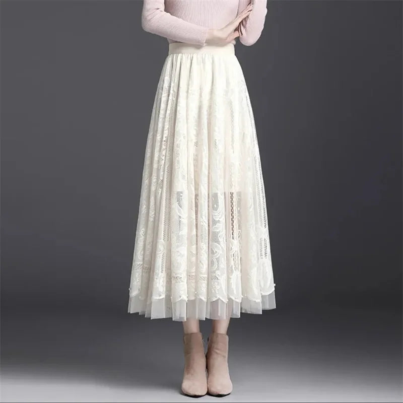 High Waist Lace Skirt With Hollow Out Studded Details For Women
