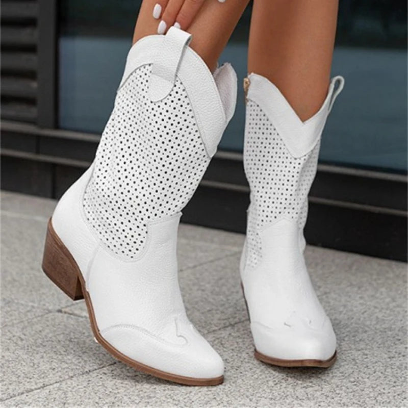Floral Print Suede Round Toe Med Wedge Boot for Women