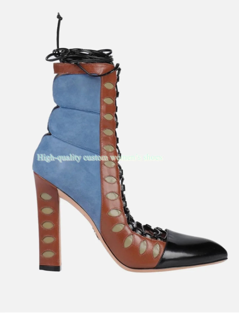 Retro Multicolor Hollow Out Chunky Heel Ankle Boots for Women