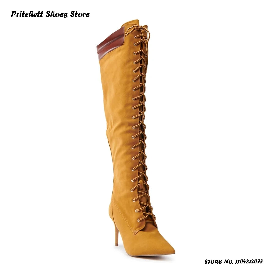 Cross Tied Pointed Toe Knee High Boots With Side Zipper For Women
