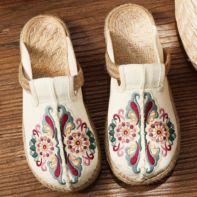 Embroidered Floral Retro Handmade Slides for Women