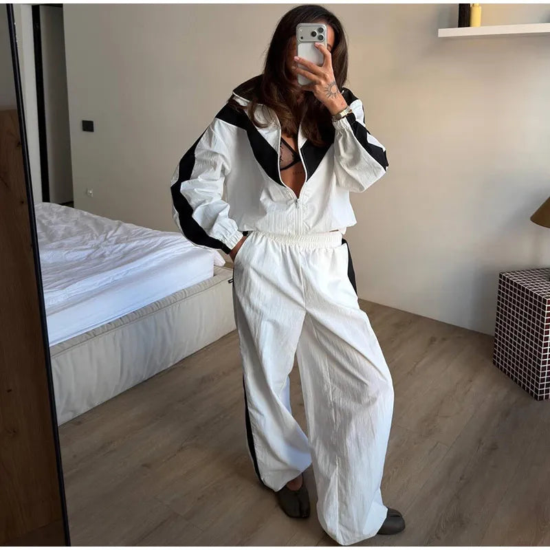 Color Block Zip Up Tracksuit With High Waist Shorts For Women