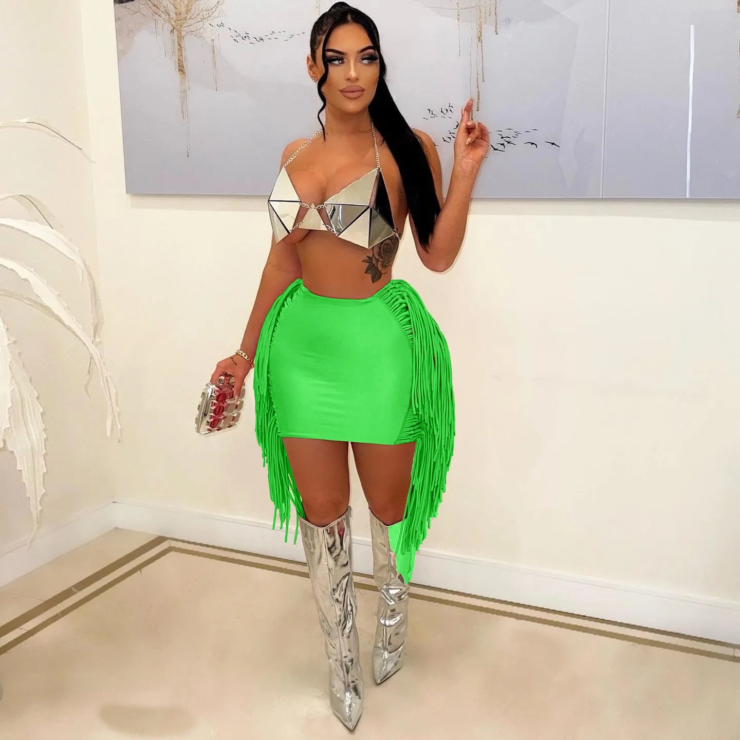 FAGADOER Sexy Tassel Bodycon Mini Skirts Party Club Outfits Women Fashion Chic Streetwear Short Birthday Holidays Skirt Solid