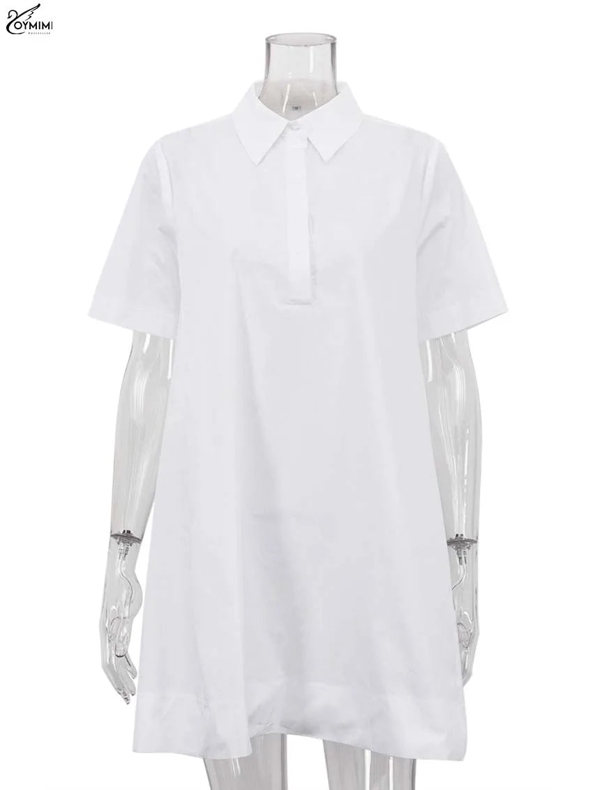 Oymimi Elegant White Cotton Dresses 2025 Woman Fashion Turn-Down Collar Half Sleeve Button Dress Casual Loose Mini Dress Female