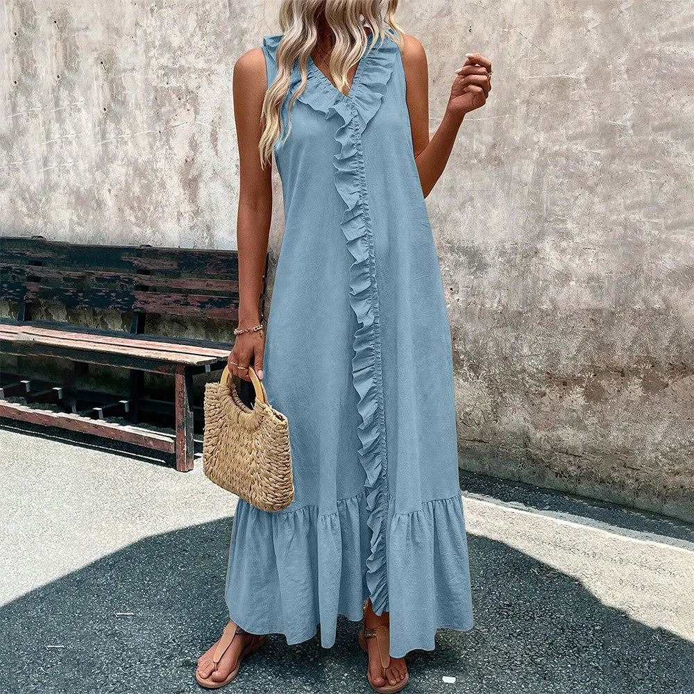 Women's Solid Sleeveless V-Neck Ruffle A-Line Maxi Dress Summer Ladies Casual Loose Beach Holiday Vacation Sundress Size S-2XL