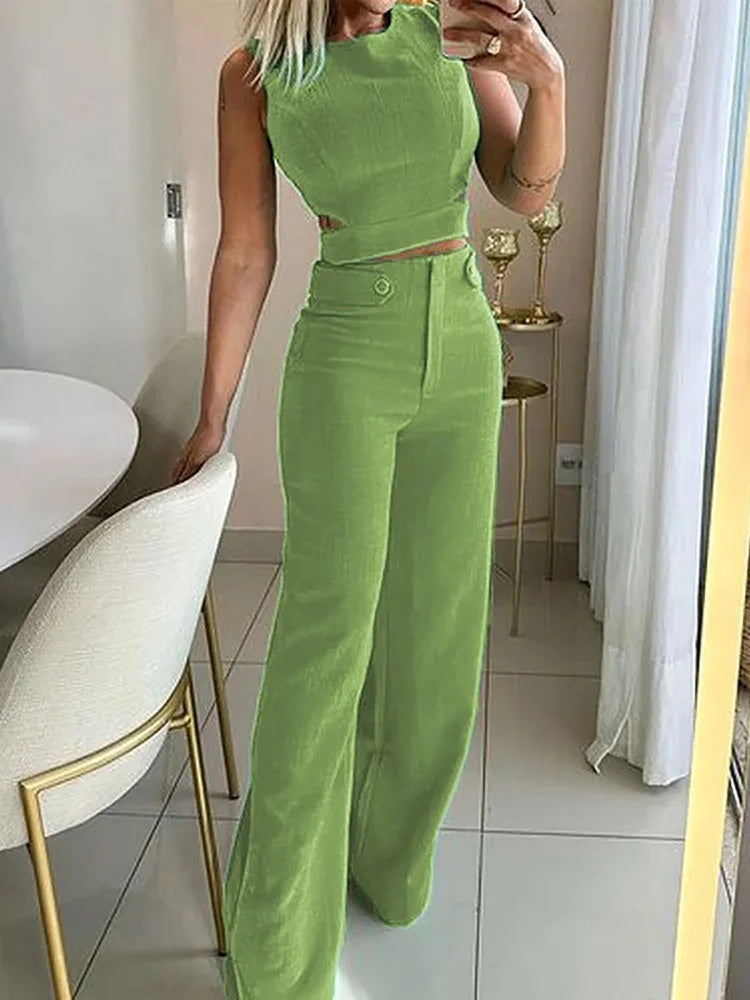 Hollow Out Sleeveless Crop Top and Wide Leg Pants Set for Women