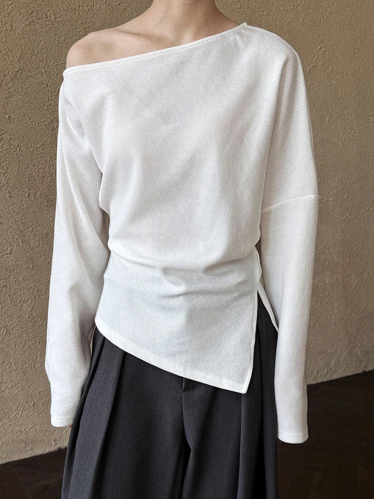 Black Pleated Asymmetrical Collar Sweatshirt for Women
