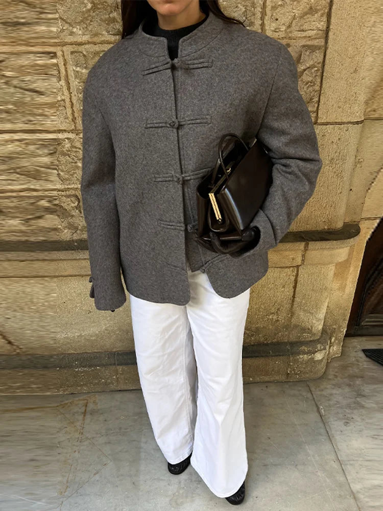 Elegant Chinese Style Single Button Long Sleeve Coat for Women