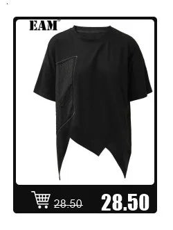 [EAM] Women Black Irregular Hem Spliced Big Size T-shirt New Round Neck Short Sleeve Fashion Tide Spring Summer 2025 1DJ1765