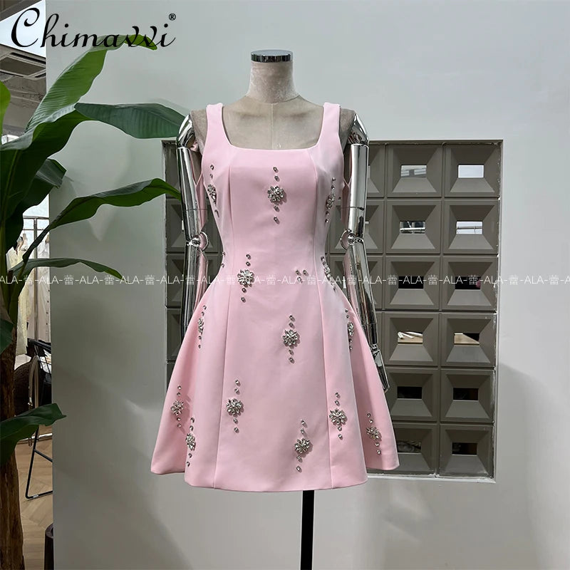 High-end Light Luxury Party Dress 2025 Summer Clothes New Heavy Industry Diamond Square Collar Waist Halter Bow Short Dress
