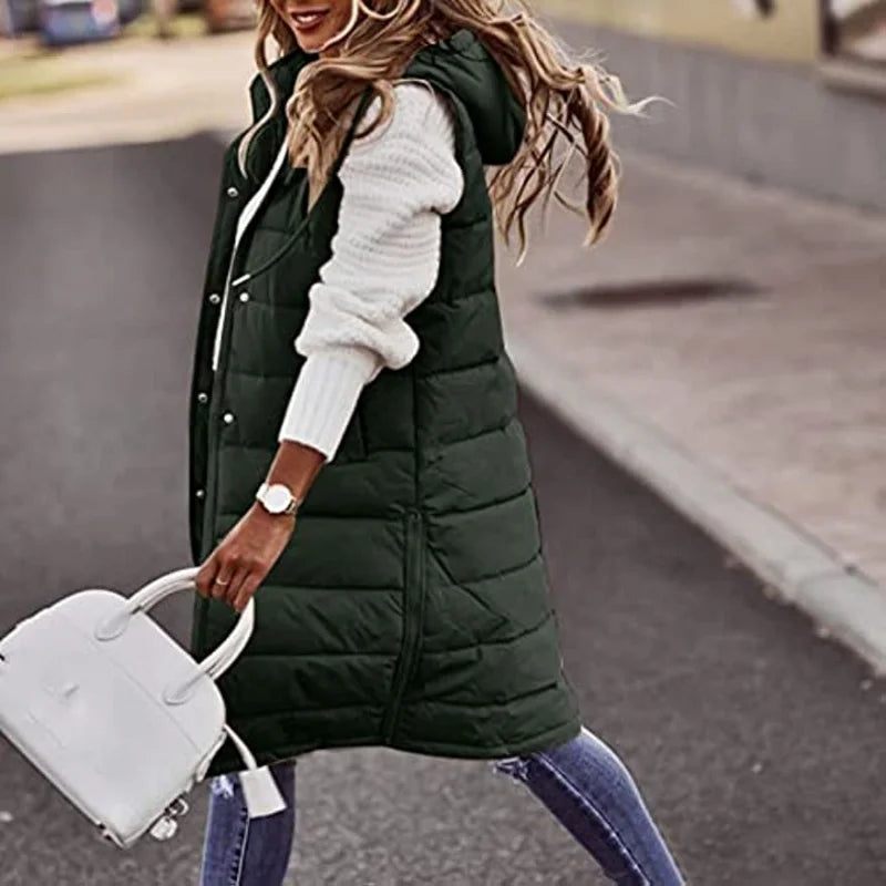 Warm Hooded Longline Sleeveless Vest Coat for Women