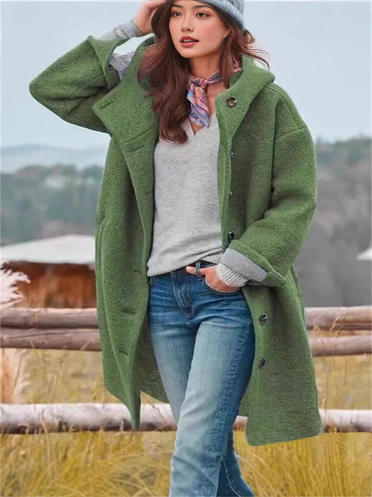 Oversized Hooded Casual Solid Color Wool Blend Coat for Women
