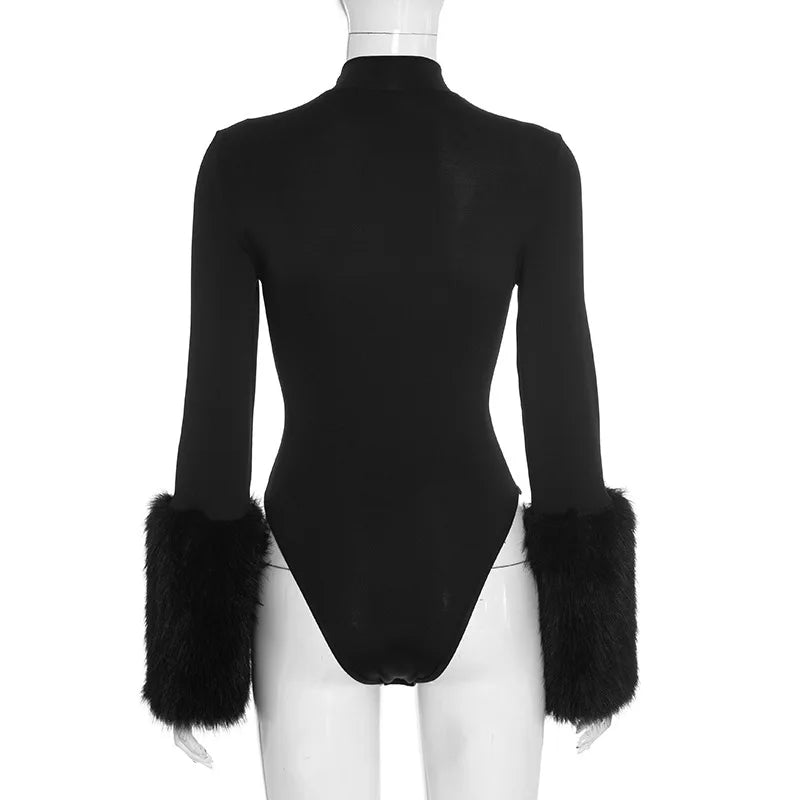 Long Sleeve Fur Patchwork Bodysuit and Shorts Set for Women
