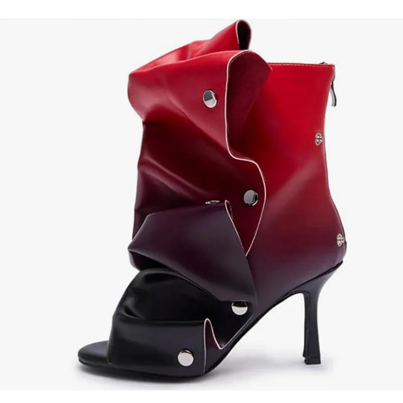Mid-Calf Open Toe High Heel Pleated Boots for Women