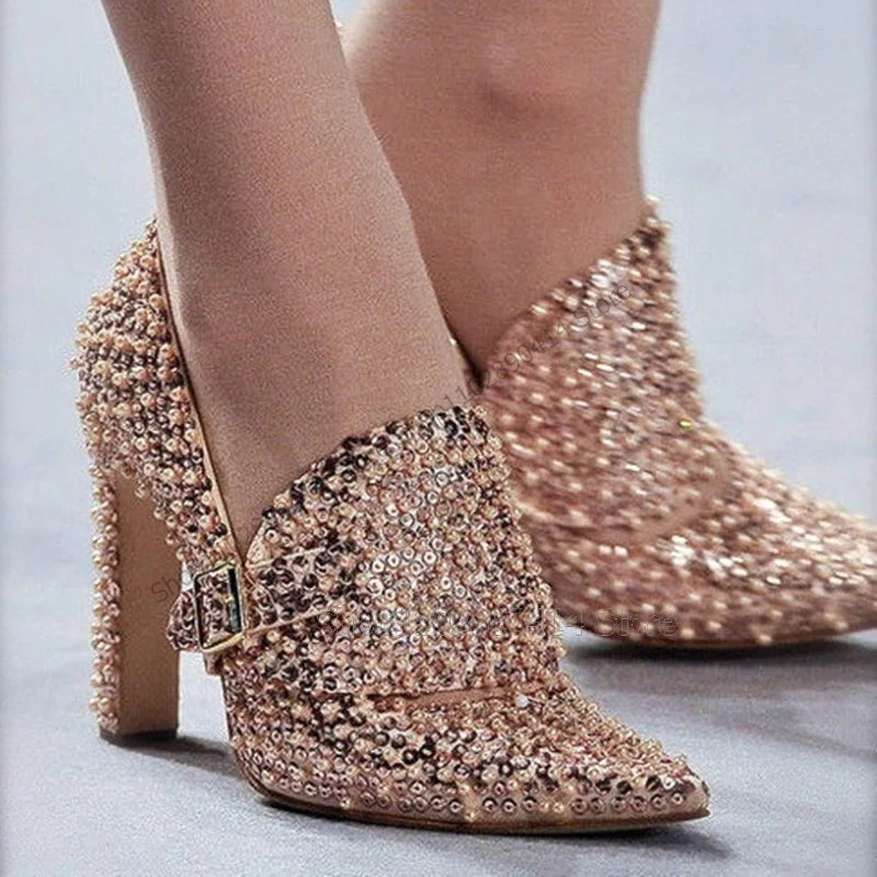 Sequined Gold Buckle Pointed Toe Chunky Heel Pumps For Women