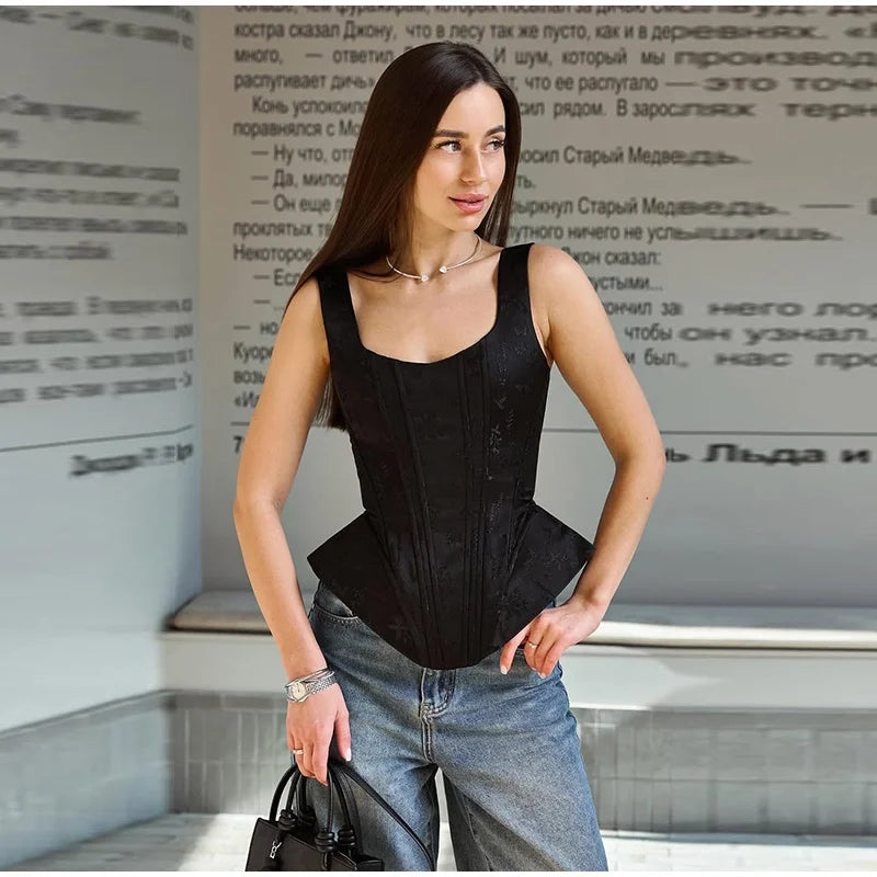 Waist Cinched Jacquard Fishbone Corset Top For Women