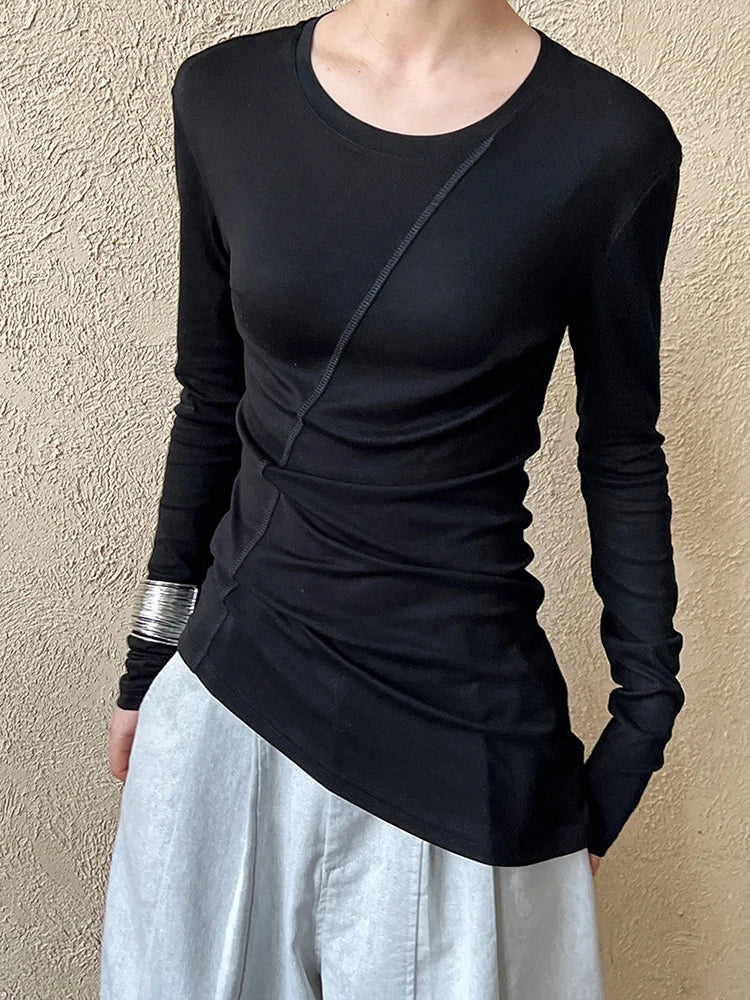 [EAM] Women Gray Thin Perspective Slim Irregular T-shirt New Round Neck Long Sleeve Fashion Tide Spring Autumn 2025 1DH9981