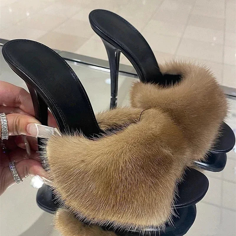 Fur Trim Open Toe Stiletto Party Sandals for Women