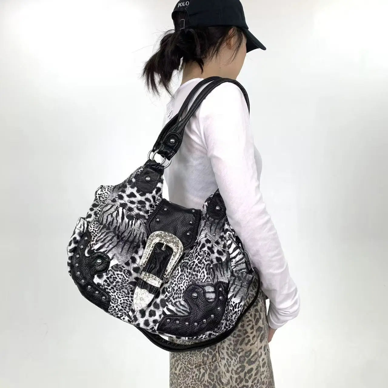Leopard Print Patchwork Tote Bag with Pockets for Women