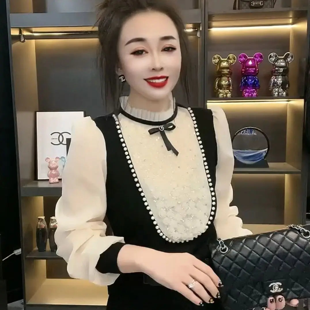 Beaded Long Sleeve O Neck Versatile Blouse For Women