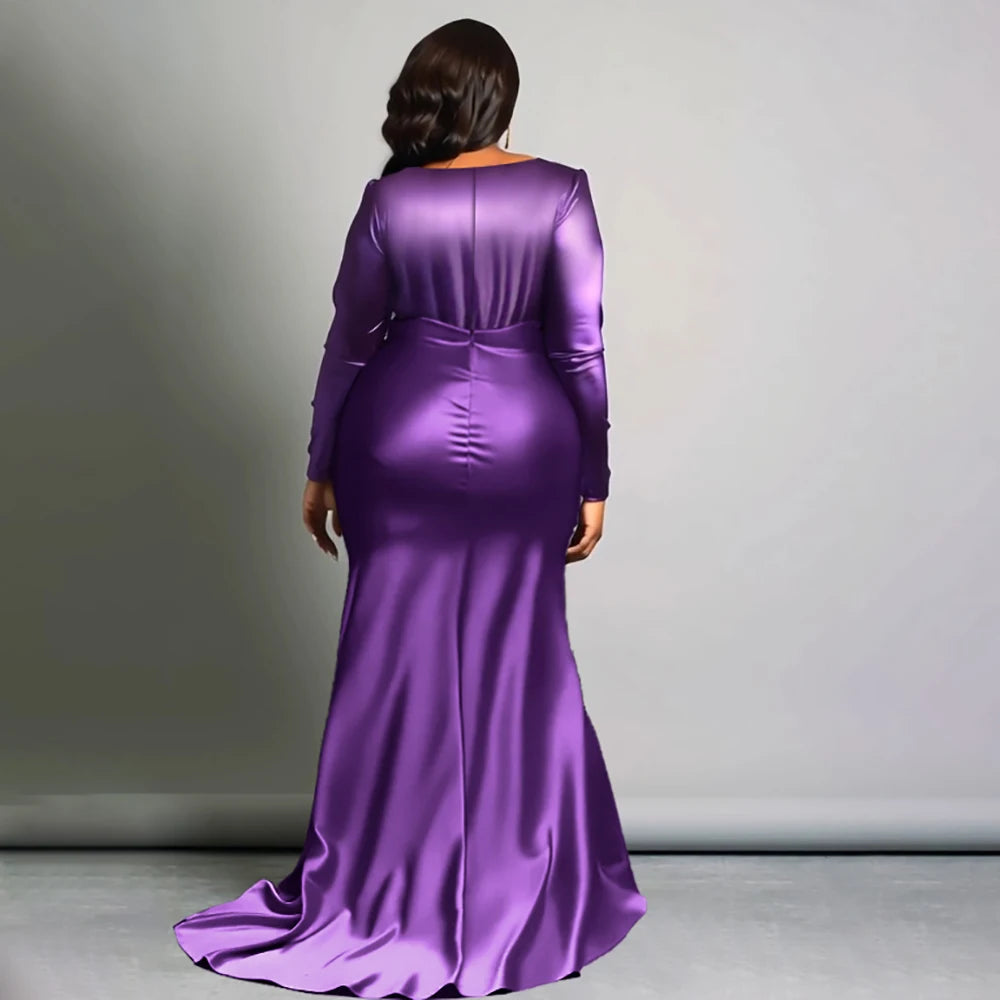 Plus Size Solid V-Neck Long Sleeve High Waist Fishtail Evening Gown For Women